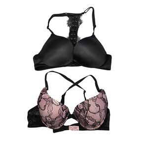 Victoria's Secret Push Up Bra Lot 2 Black Pink Lace Racerback 32A So Obsessed